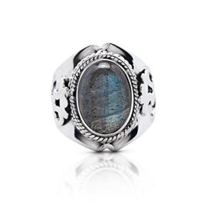 Koral Jewelry Labradorite Oval Stone Gipsy Vintage Om Ring 925 Sterling Silver US Size 7 8 9 10 (8)