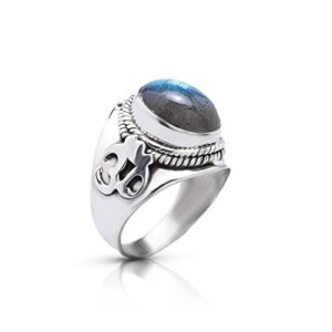 Koral Jewelry Labradorite Oval Stone Gipsy Vintage Om Ring 925 Sterling Silver US Size 7 8 9 10 (8)