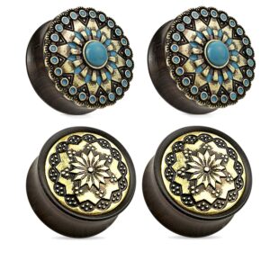 zaya body jewelry 2 pairs black wood tribal turquoise flower wood ear plugs tunnels 0g 1/2 9/16 5/8 3/4 7/8 1 inch (7/8 22mm)