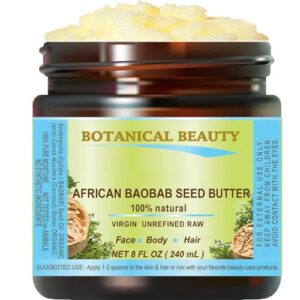 botanical beauty baobab seed oil butter 100% natural raw virgin unrefined for skin, hair, lip and nail care. 8 fl. oz. - 240 ml. rich in vitamin e