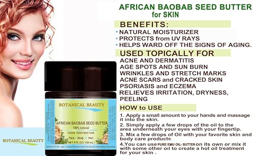 Botanical Beauty BAOBAB SEED OIL BUTTER 100% Natural RAW VIRGIN UNREFINED for Skin, Hair, Lip and Nail Care. 8 Fl. oz. - 240 ml. Rich in Vitamin E