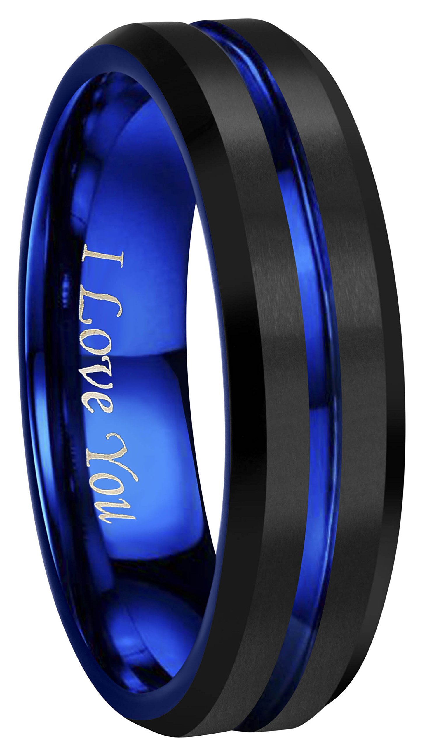 4mm 6mm 8mm 10mm Blue Groove Black Matte Finish Tungsten Carbide Wedding Band Ring Engraved I Love You (6mm,10.5)