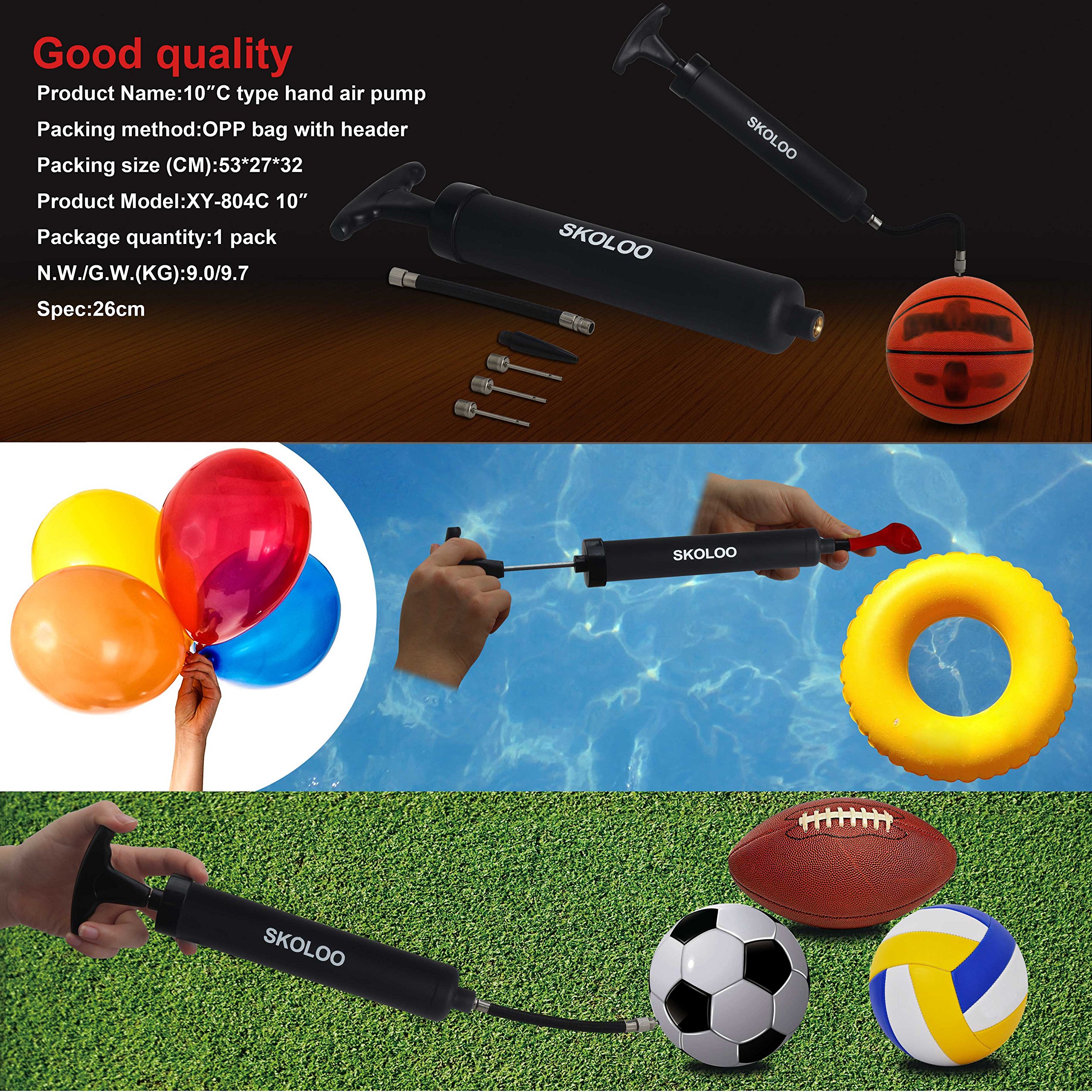 Skoloo 10" Portable Hand Air Ball Pump Inflator Kit with Needle, Nozzle, Extension Hose for Soccer Basketball Football Volleyball Water Polo Rugby Exercise Sports Ball Balloon Swim Inflatables,Black