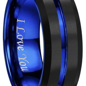 4mm 6mm 8mm 10mm Blue Groove Black Matte Finish Tungsten Carbide Wedding Band Ring Engraved I Love You (8mm,11)