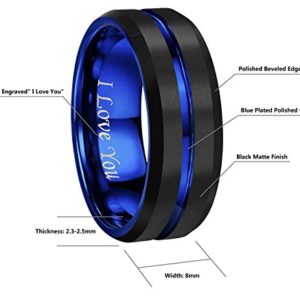 4mm 6mm 8mm 10mm Blue Groove Black Matte Finish Tungsten Carbide Wedding Band Ring Engraved I Love You (8mm,11)