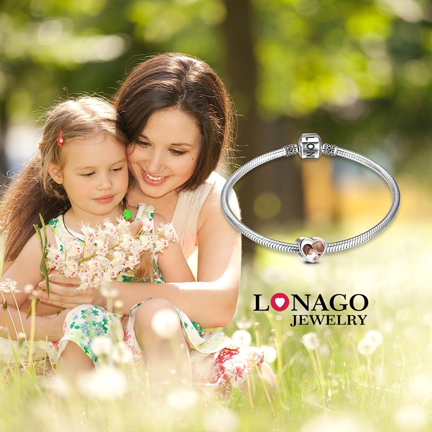 LONAGO Customized and Personalized Photo Charms Sterling Silver Heart Shaped Charm Beads (Shine Heart)