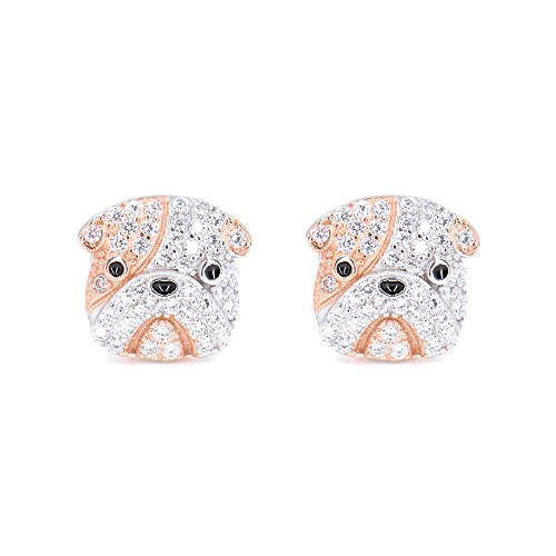 Rhodium Plated Sterling Silver Bulldog Stud Earrings CZ Studs for Women Girls