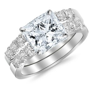 14k white gold 1.51 ctw princess cut classic prong set bridal set with wedding band and diamond engagement ring, j color vs1-vs2 clarity, 0.5 ct center