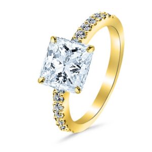 14K Yellow Gold 1.04 CTW Princess Cut Classic Side Stone Pave Set Diamond Engagement Ring, J Color I2 Clarity 0.74 Ct Center