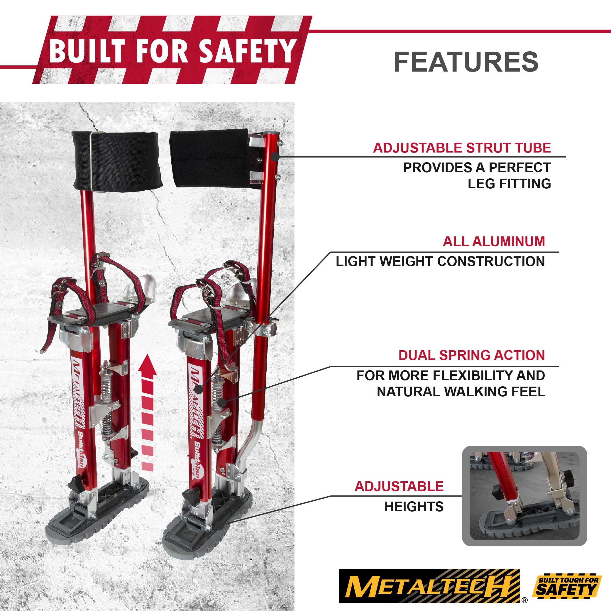 Metaltech I-BMDS2440 BuildMan Grade 24-in. to 40-in. Drywall Stilts 2-Pack, Anodized Aluminum Stilts for Adults, Drywall Tools for Home Improvement, Paint Stilts with Anti-Fatigue Comfort Straps