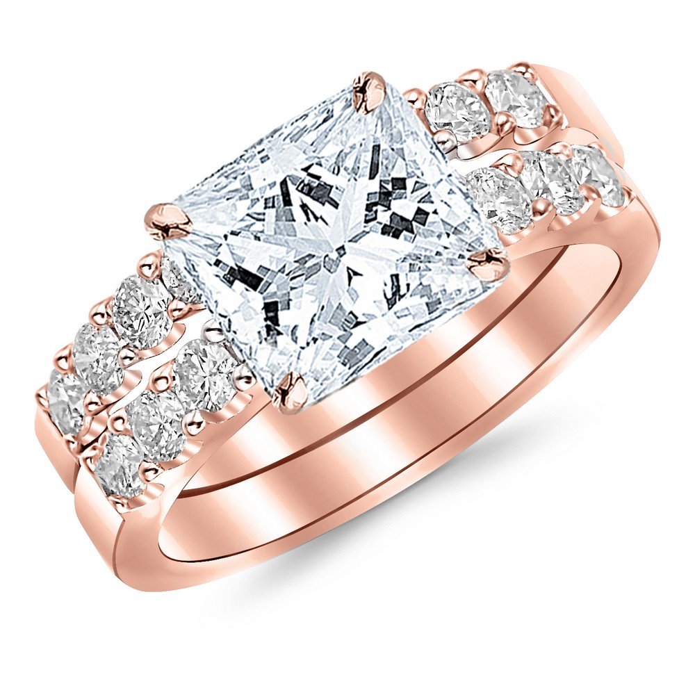 14K Rose Gold 1.51 CTW Princess Cut Classic Prong Set Bridal Set With Wedding Band and Diamond Engagement Ring, J Color SI2-I1 Clarity 0.5 Ct Center