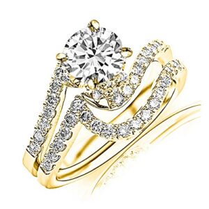 14K Yellow Gold 0.87 CTW Round Cut Curving Pave & Prong-set Round Diamond Engagement Ring and Wedding Band Set, J Color I2 Clarity 0.6 Ct Center