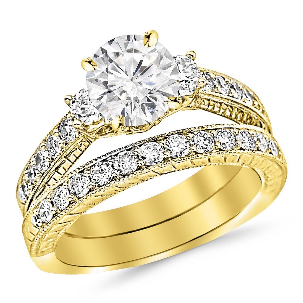 14K Yellow Gold 1.53 CTW Round Cut Three Stone Vintage With Milgrain & Filigree Bridal Set with Wedding Band & Diamond Engagement Ring, K Color I2 Clarity 0.5 Ct Center