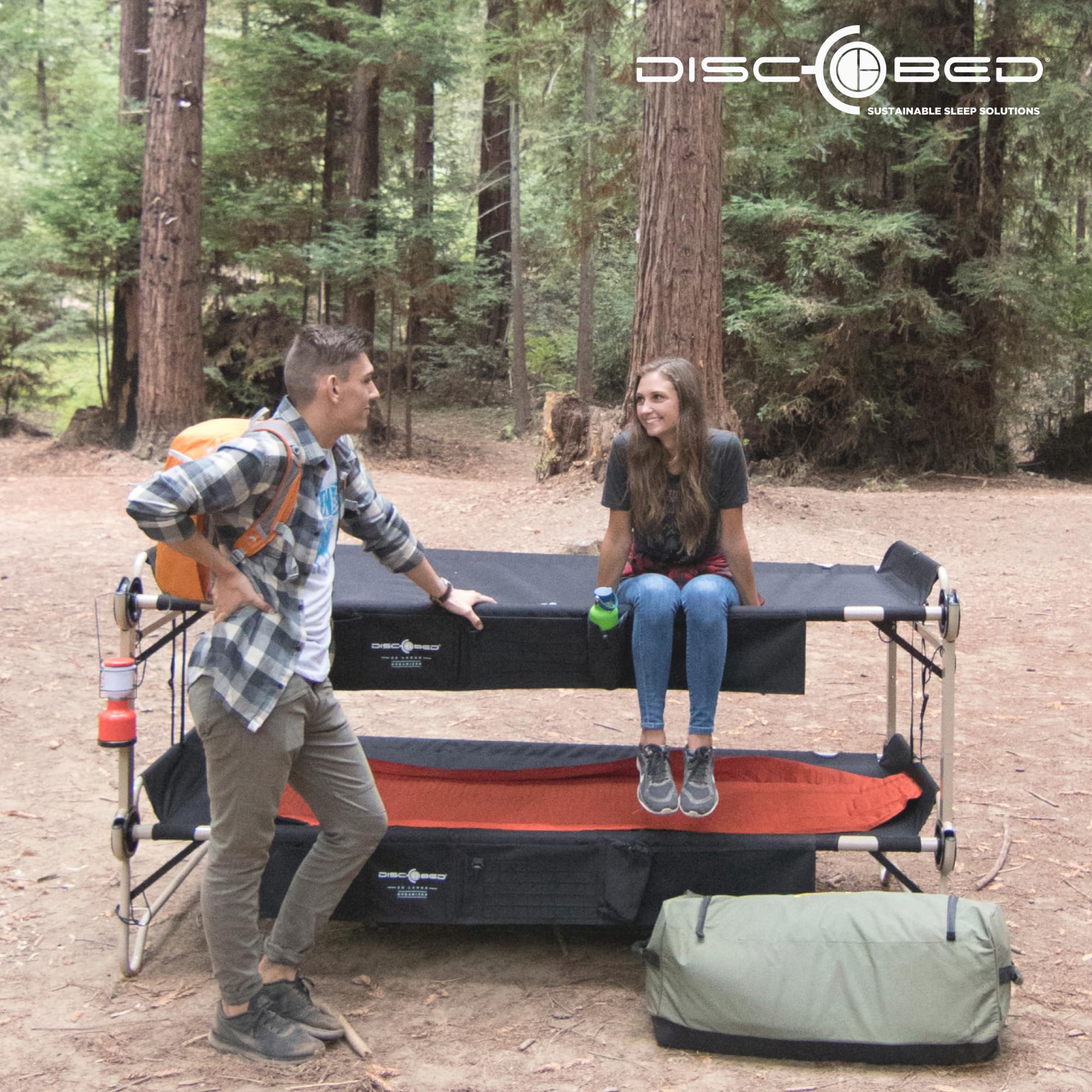 Disc-O-Bed 2XL Cam-O-Bunk Outdoor Convertible 2 Person Bench/Double Camping Cot Portable Bed for Adults with 2 Side Organizers, Black