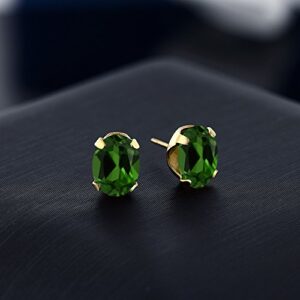 Gem Stone King 18K Yellow Gold Plated Silver Green Chrome Diopside Stud Earrings For Women (2.40 Cttw, 8X6MM)