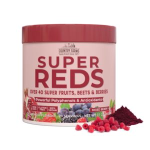 country farms super reds, energizing polyphenol superfood, 48 super fruits and berries, powerful antioxidants and polyphenols, supports energy, 20 servings, mixed berry flavor