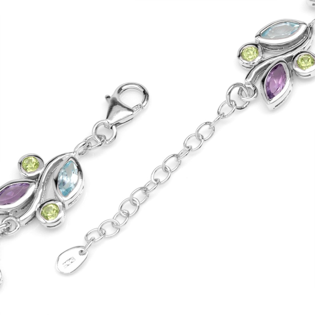 Silvershake Natural Peridot Amethyst and Blue Topaz 925 Sterling Silver Leaf 6.75 to 8.25 Inch Adjustable Bracelet