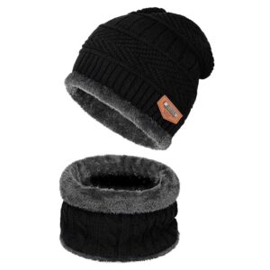 warm winter beanie hat & scarf set stylish knit skull cap for men women (01 black)