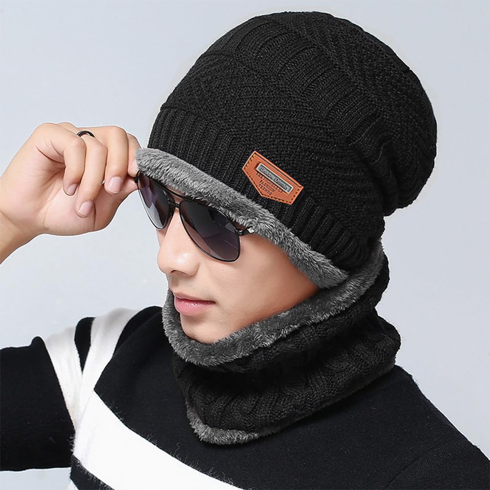 Warm Winter Beanie Hat & Scarf Set Stylish Knit Skull Cap for Men Women (01 Black)