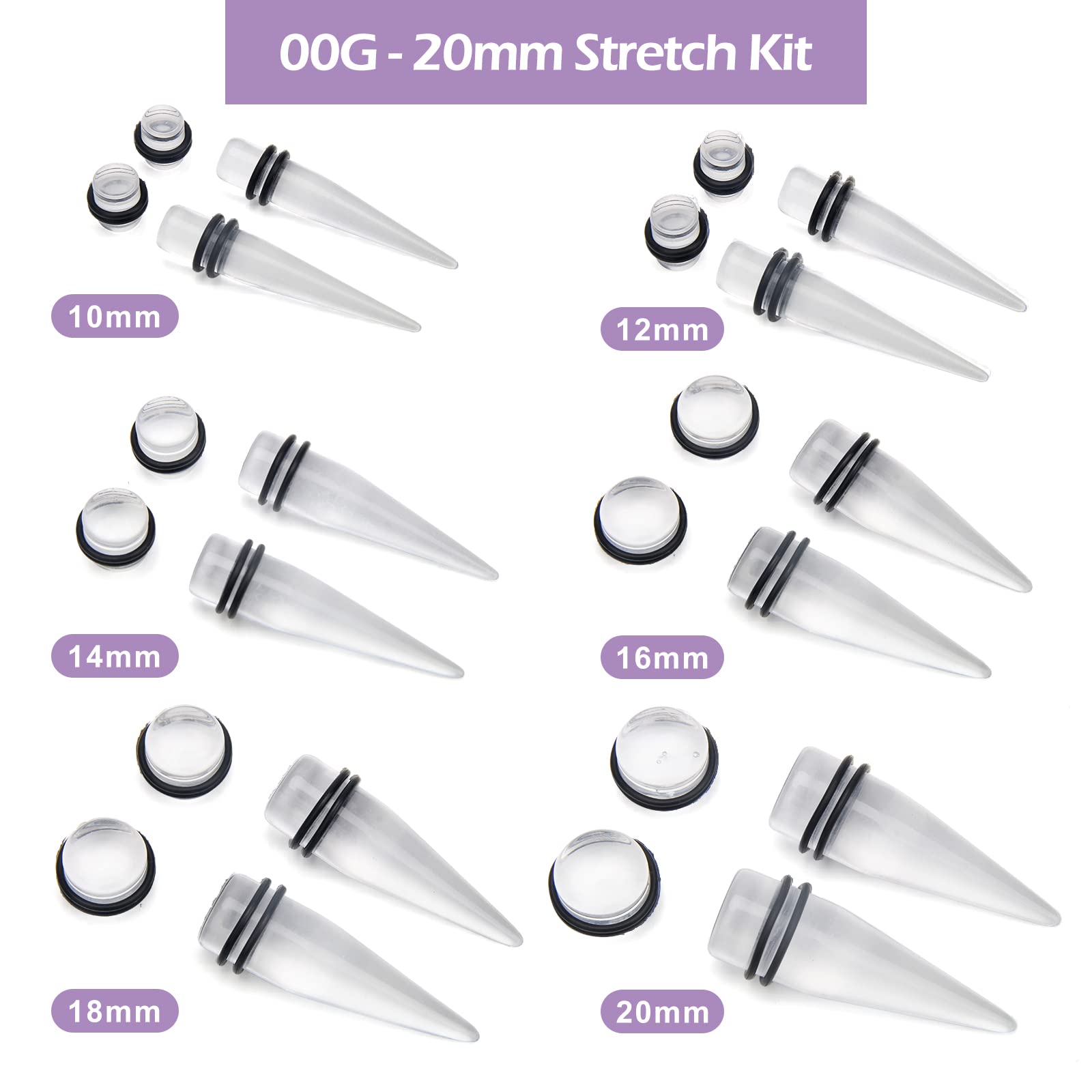 CrazyPiercing Big Ear Gauges Kit 24 Pieces Acrylic Tapers and Plugs Double O-rings Stretching Set