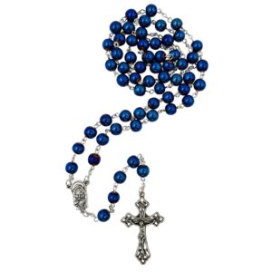 TALISMAN4U 8mm Blue Hematite Beads CATHOLIC ROSARY NECKLACE for Men Women Virgin Mary Medal Cross Crucifix in Gift Box