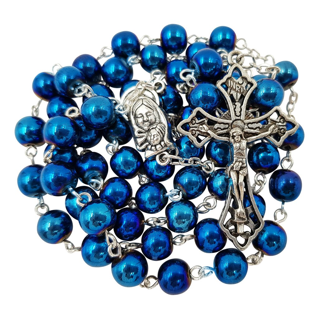 TALISMAN4U 8mm Blue Hematite Beads CATHOLIC ROSARY NECKLACE for Men Women Virgin Mary Medal Cross Crucifix in Gift Box