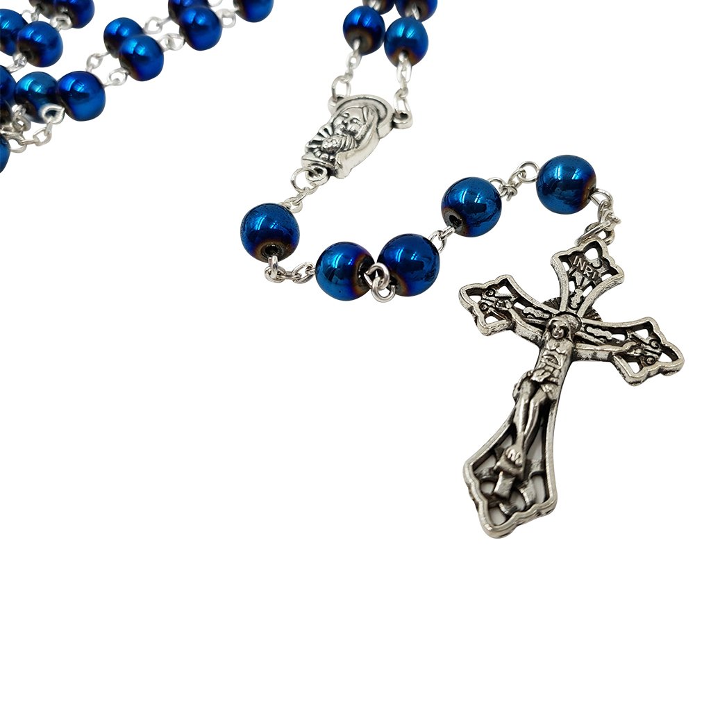 TALISMAN4U 8mm Blue Hematite Beads CATHOLIC ROSARY NECKLACE for Men Women Virgin Mary Medal Cross Crucifix in Gift Box