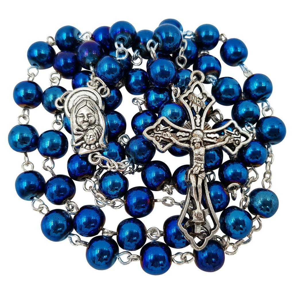 TALISMAN4U 8mm Blue Hematite Beads CATHOLIC ROSARY NECKLACE for Men Women Virgin Mary Medal Cross Crucifix in Gift Box