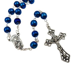 TALISMAN4U 8mm Blue Hematite Beads CATHOLIC ROSARY NECKLACE for Men Women Virgin Mary Medal Cross Crucifix in Gift Box