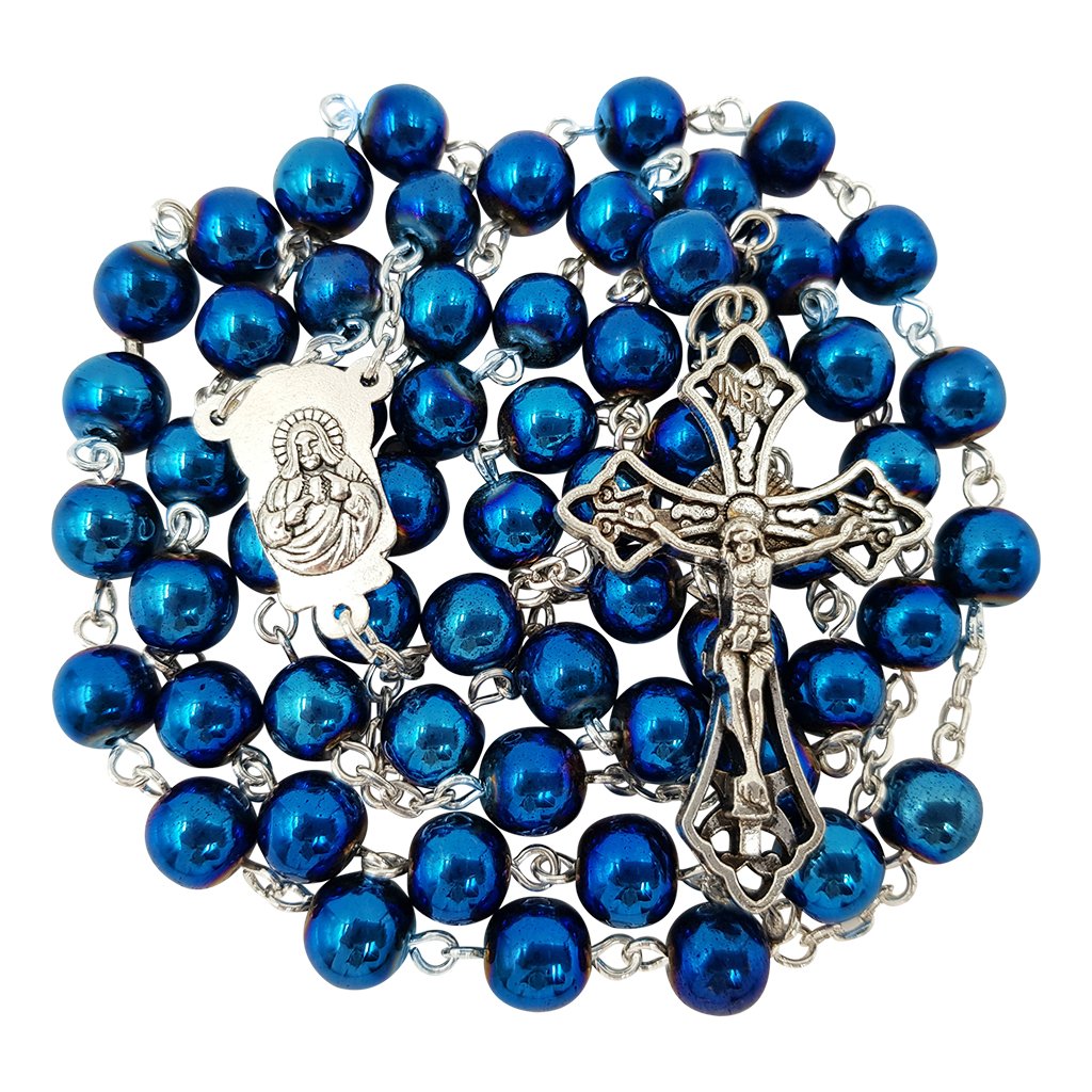 TALISMAN4U 8mm Blue Hematite Beads CATHOLIC ROSARY NECKLACE for Men Women Virgin Mary Medal Cross Crucifix in Gift Box