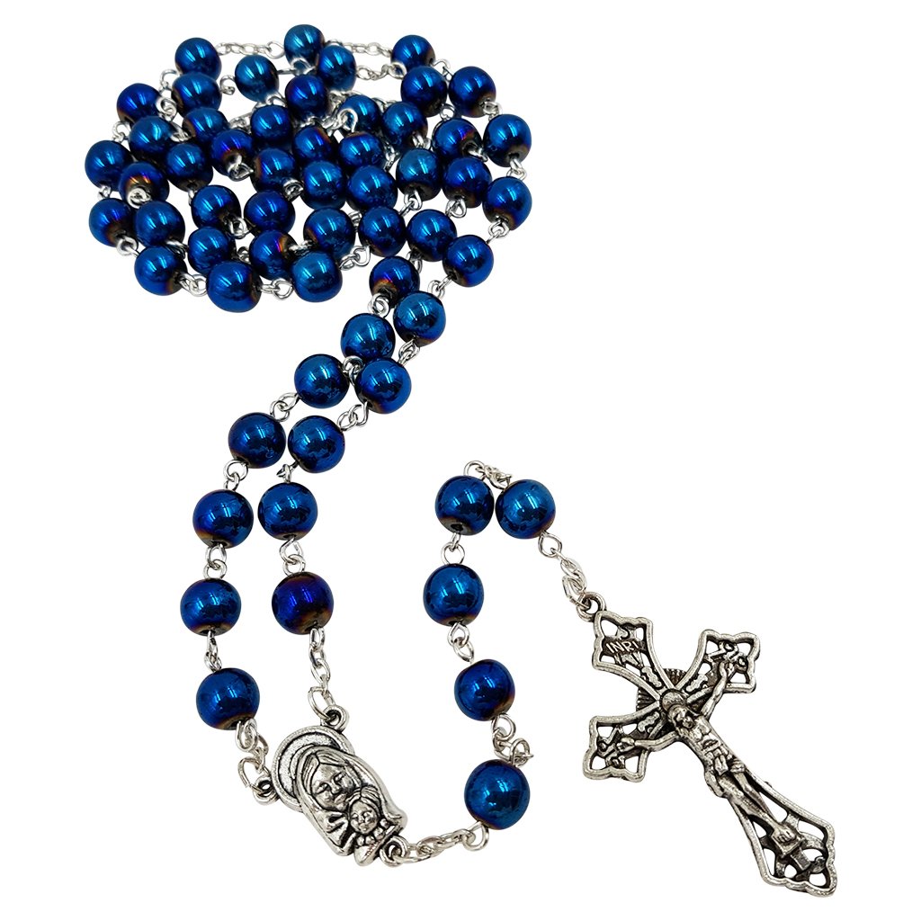 TALISMAN4U 8mm Blue Hematite Beads CATHOLIC ROSARY NECKLACE for Men Women Virgin Mary Medal Cross Crucifix in Gift Box