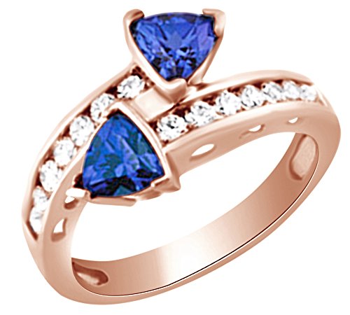 AFFY 1.42 cttw Simulated Blue Sapphire & White Natural Diamond Bypass Engagement Wedding Ring in 14k Rose Gold Ring Size 12.5