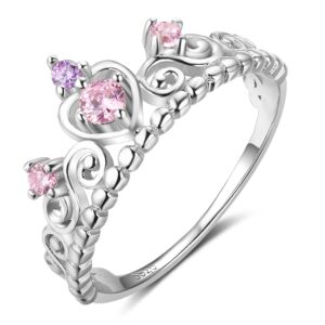 Furious Jewelry 925 Sterling Silver Princess Heart Crown Pink & Purple CZ Band Ring, Size 6 7 8 (6)