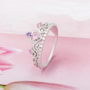 Furious Jewelry 925 Sterling Silver Princess Heart Crown Pink & Purple CZ Band Ring, Size 6 7 8 (6)