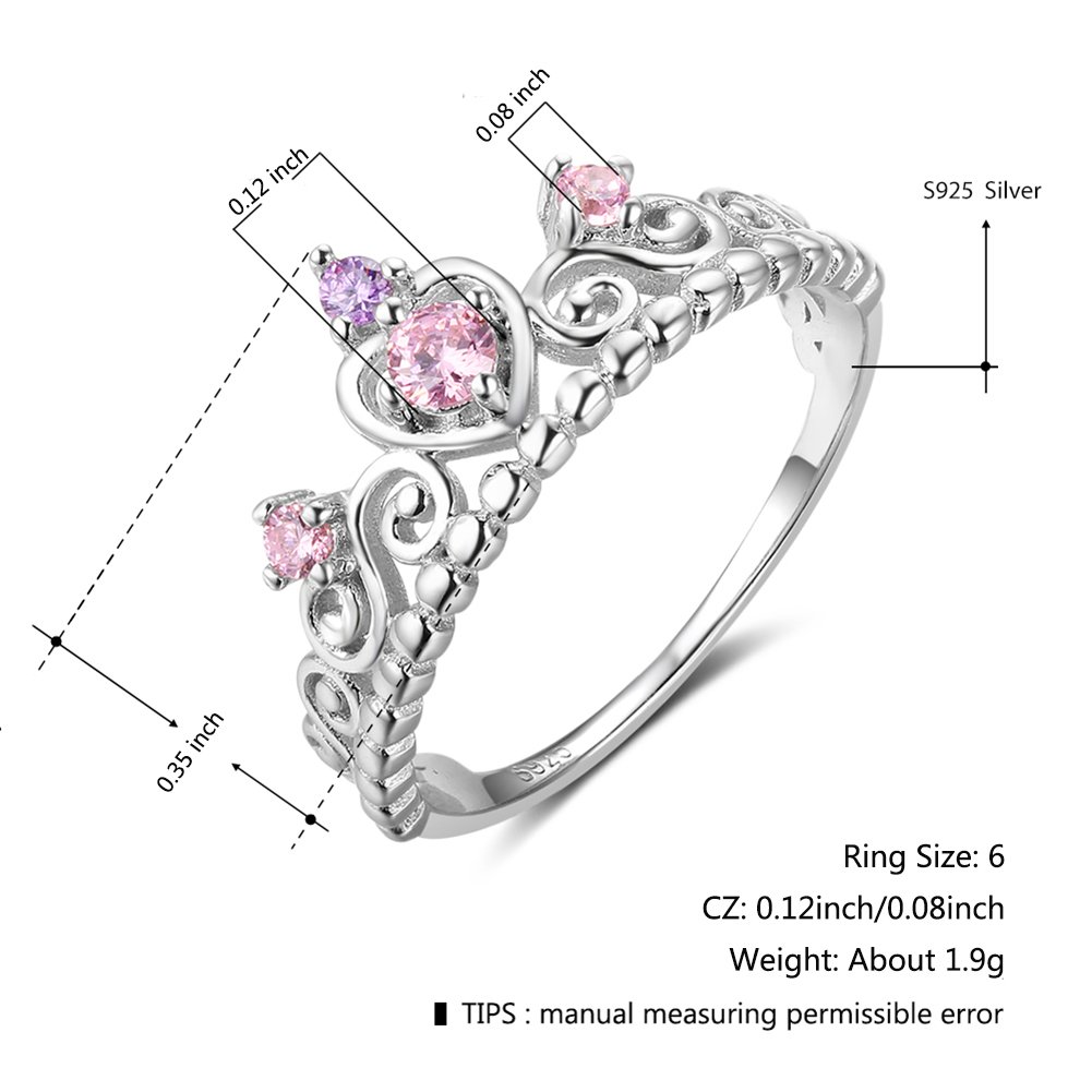 Furious Jewelry 925 Sterling Silver Princess Heart Crown Pink & Purple CZ Band Ring, Size 6 7 8 (6)