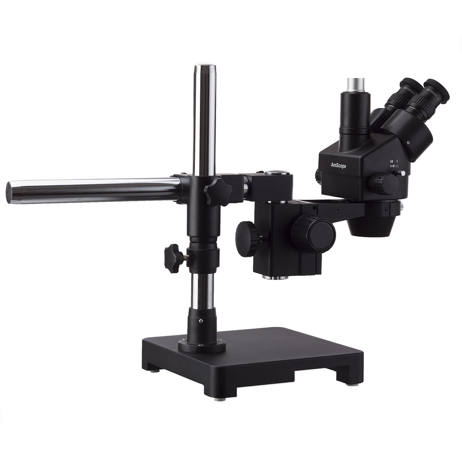 AmScope 7X-135X Black Trinocular Stereo Zoom Microscope on Single Arm Boom Stand + 144 LED Ring-Light with USB2.0 5MP Camera