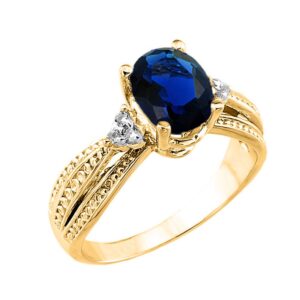 fancy 10k yellow gold diamond band oval sapphire engagement ring (size 7)