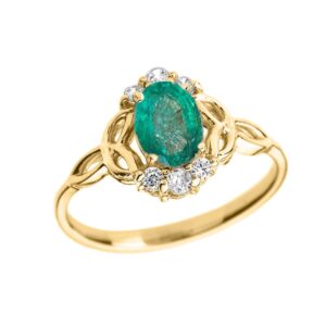 modern contemporary rings elegant 10k yellow gold diamond trinity knot proposal ring with genuine emerald (size 7.5)