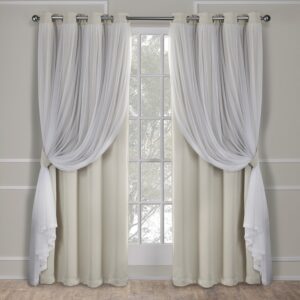 exclusive home catarina layered solid room darkening blackout and sheer grommet top curtain panel pair, 52"x96", sand