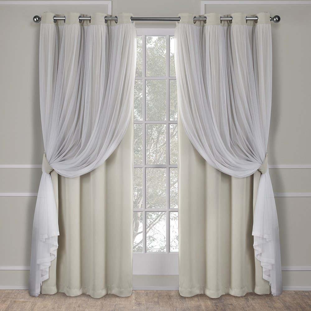 Exclusive Home Catarina Layered Solid Room Darkening Blackout and Sheer Grommet Top Curtain Panel Pair, 52"x96", Sand