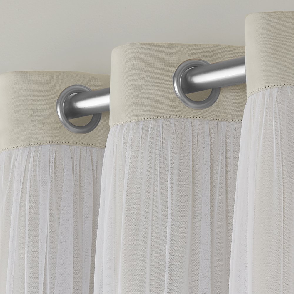 Exclusive Home Catarina Layered Solid Room Darkening Blackout and Sheer Grommet Top Curtain Panel Pair, 52"x96", Sand