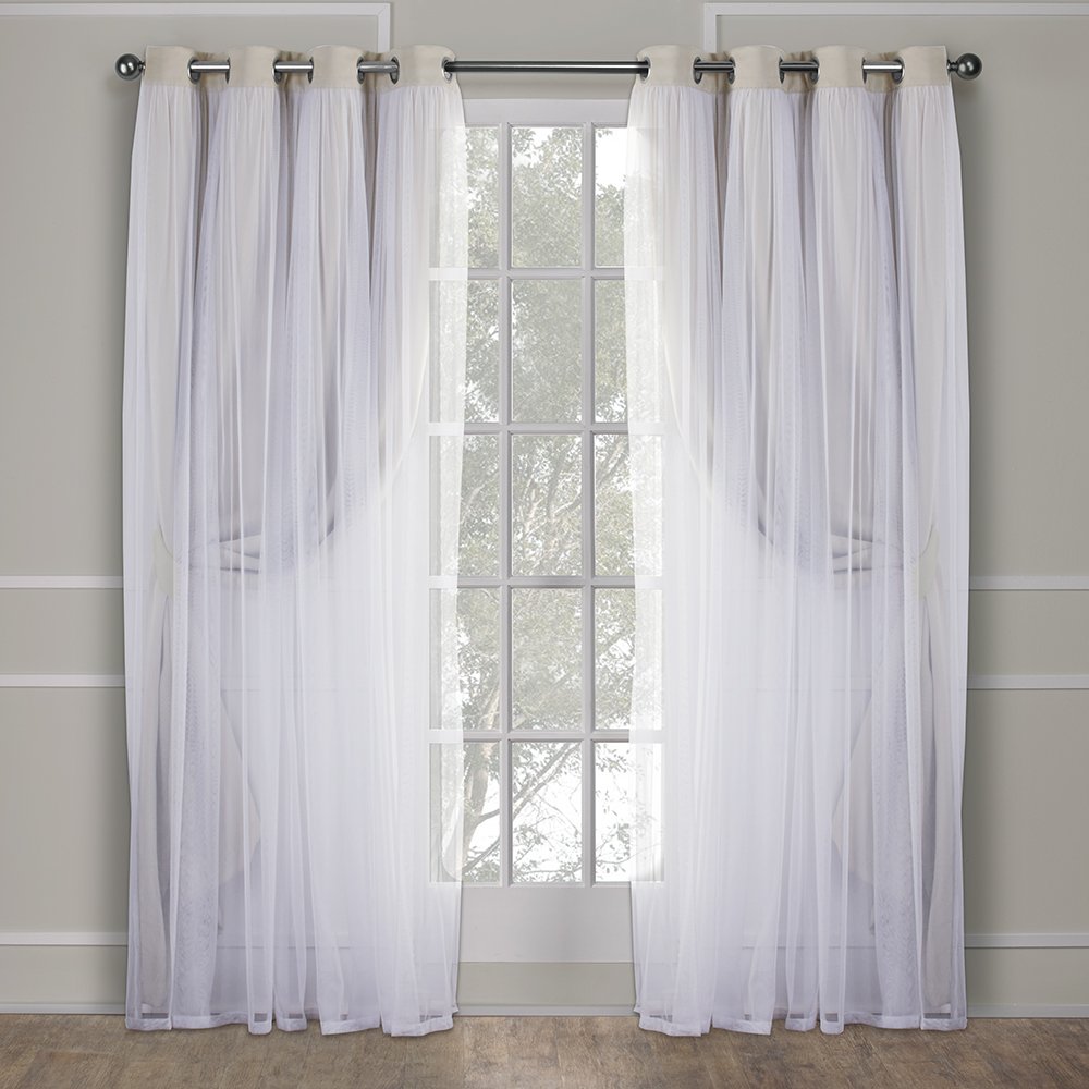 Exclusive Home Catarina Layered Solid Room Darkening Blackout and Sheer Grommet Top Curtain Panel Pair, 52"x96", Sand