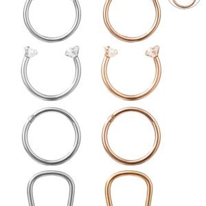 YOVORO 16G 3-4PCS 316L Stainless Steel Septum Piercing Nose Rings Hoop Cartilage Tragus Retainer Body Piercing Jewelry 8-10MM (e: 8pcs Silver-Tone+Rose Gold 8mm)