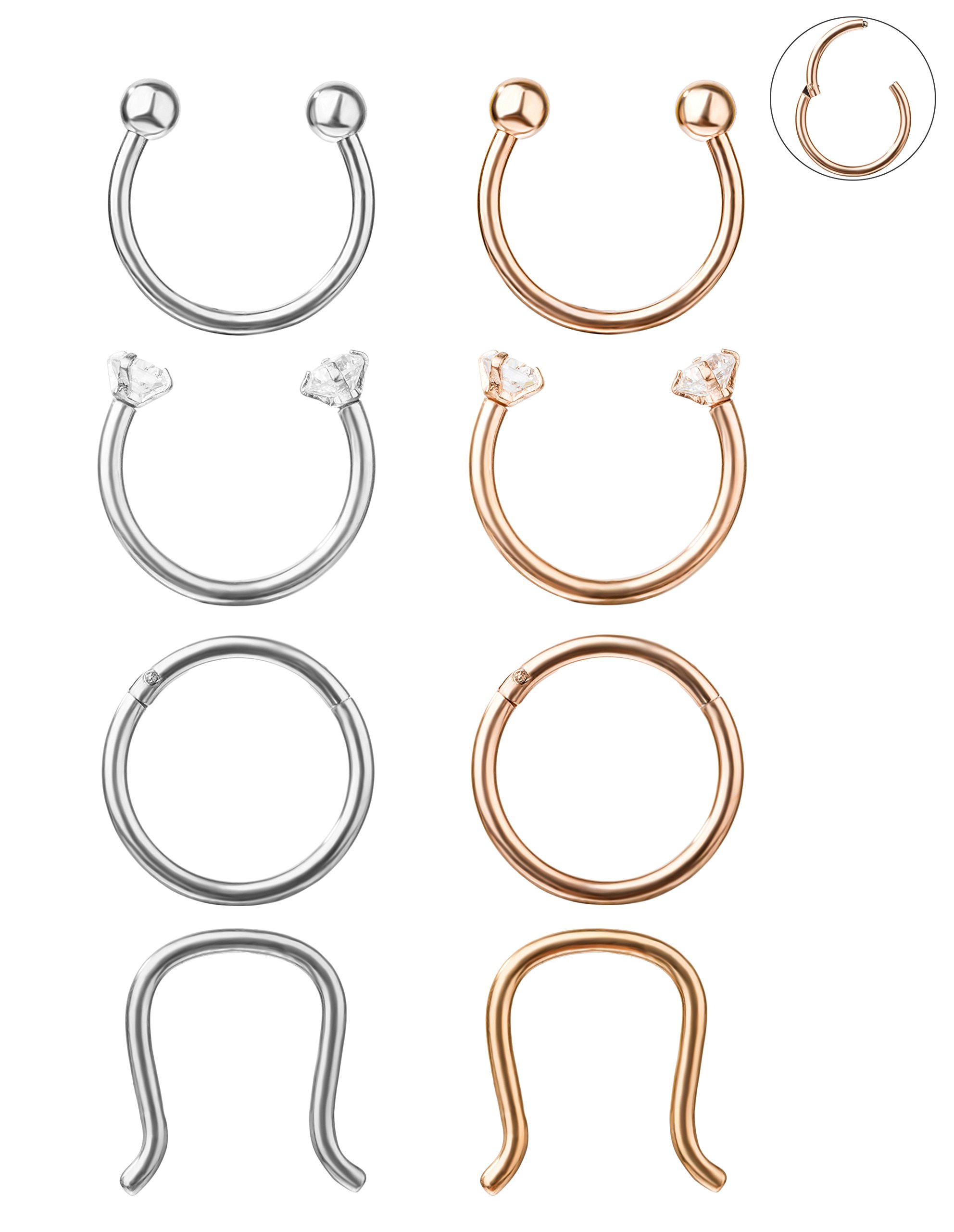 YOVORO 16G 3-4PCS 316L Stainless Steel Septum Piercing Nose Rings Hoop Cartilage Tragus Retainer Body Piercing Jewelry 8-10MM (e: 8pcs Silver-Tone+Rose Gold 8mm)