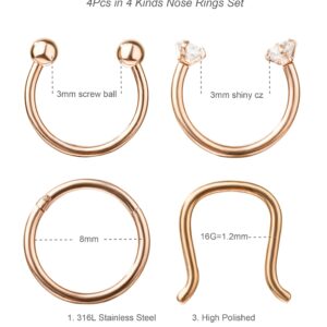 YOVORO 16G 3-4PCS 316L Stainless Steel Septum Piercing Nose Rings Hoop Cartilage Tragus Retainer Body Piercing Jewelry 8-10MM (e: 8pcs Silver-Tone+Rose Gold 8mm)