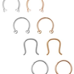 YOVORO 16G 3-4PCS 316L Stainless Steel Septum Piercing Nose Rings Hoop Cartilage Tragus Retainer Body Piercing Jewelry 8-10MM (e: 8pcs Silver-Tone+Rose Gold 8mm)