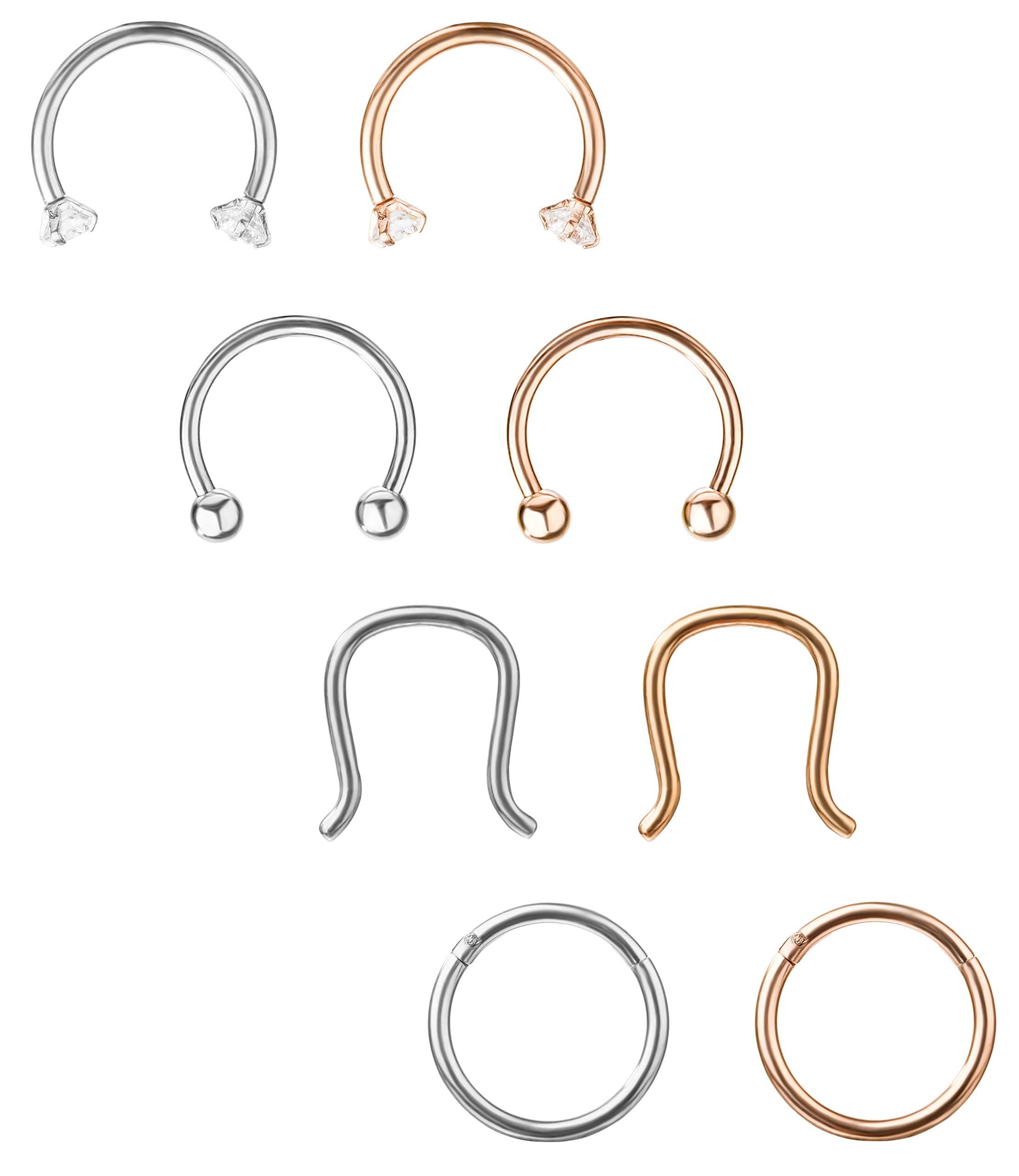 YOVORO 16G 3-4PCS 316L Stainless Steel Septum Piercing Nose Rings Hoop Cartilage Tragus Retainer Body Piercing Jewelry 8-10MM (e: 8pcs Silver-Tone+Rose Gold 8mm)