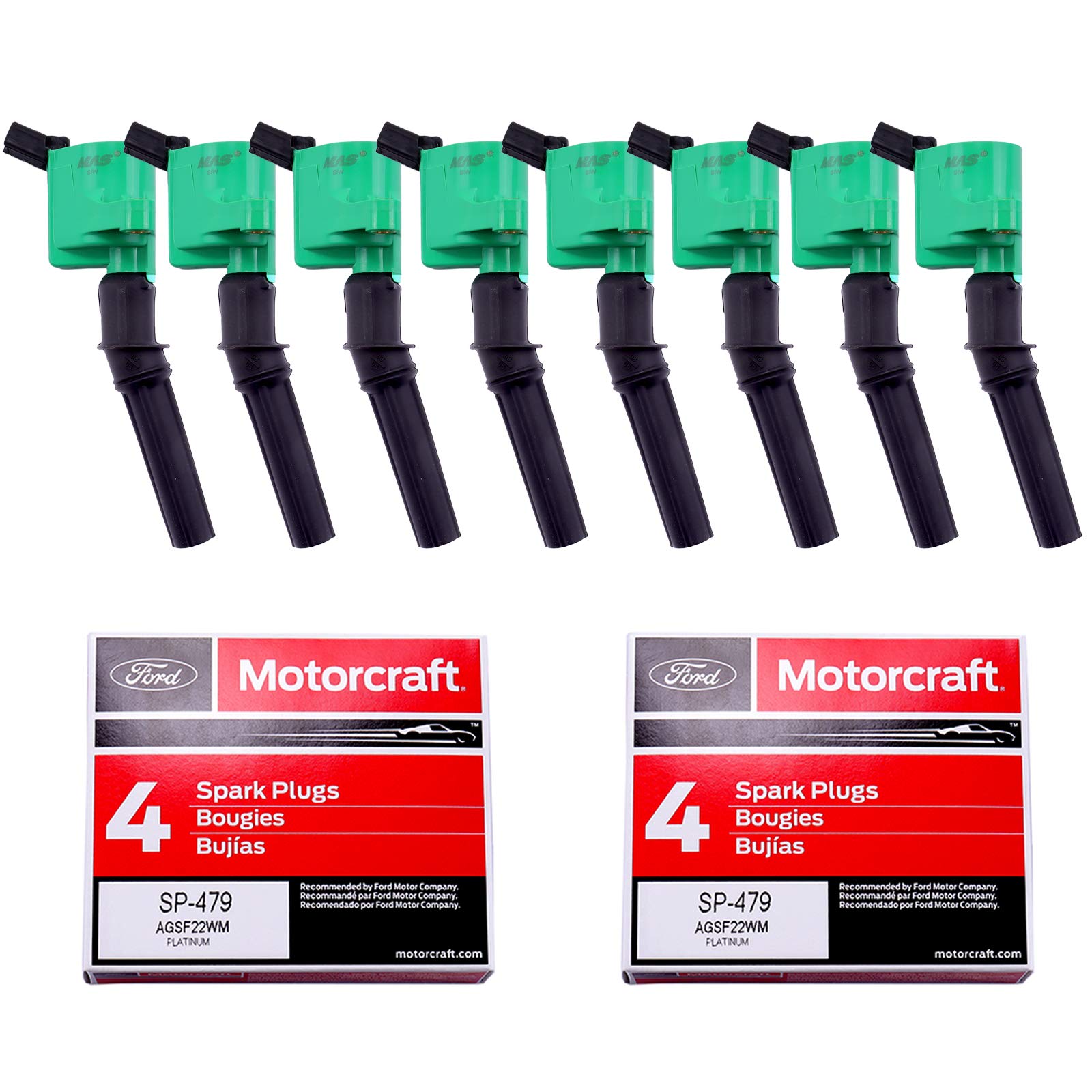 MAS Set of 8 Green Ignition Coil Pack DG508 & 8Pcs Motorcraft Spark Plug SP479 Compatible with Ford F150 F250 E150 E350 Expedition Excursion Super Duty Lincoln Navigator 5.4L V8 DG457 DG472 DG491