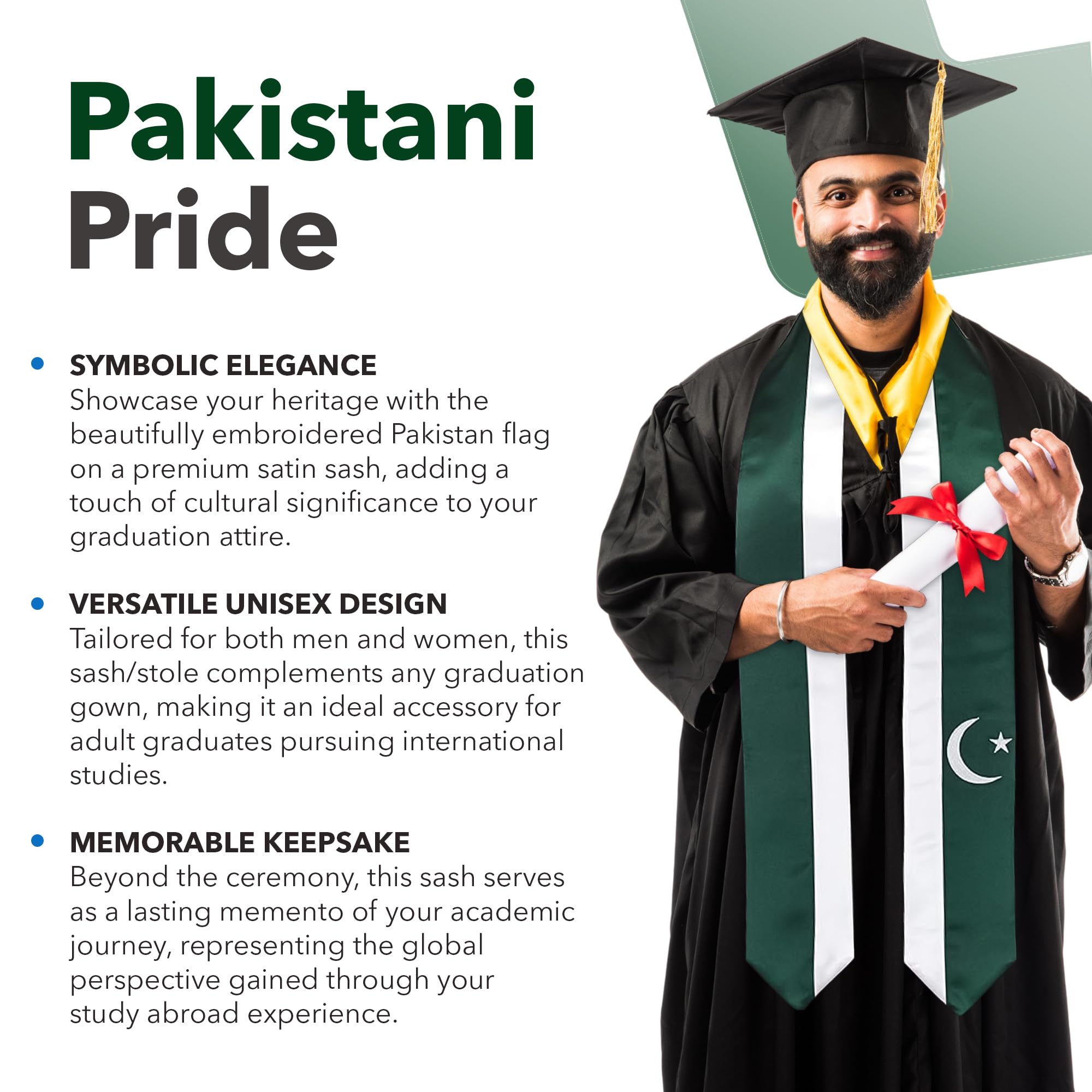 Vision Wear - Pakistan Flag Graduation Sash - Graduation Stole - International Flag theme - Embrace Your Heritage - Pakistani Flag - Pride & Honor Sash