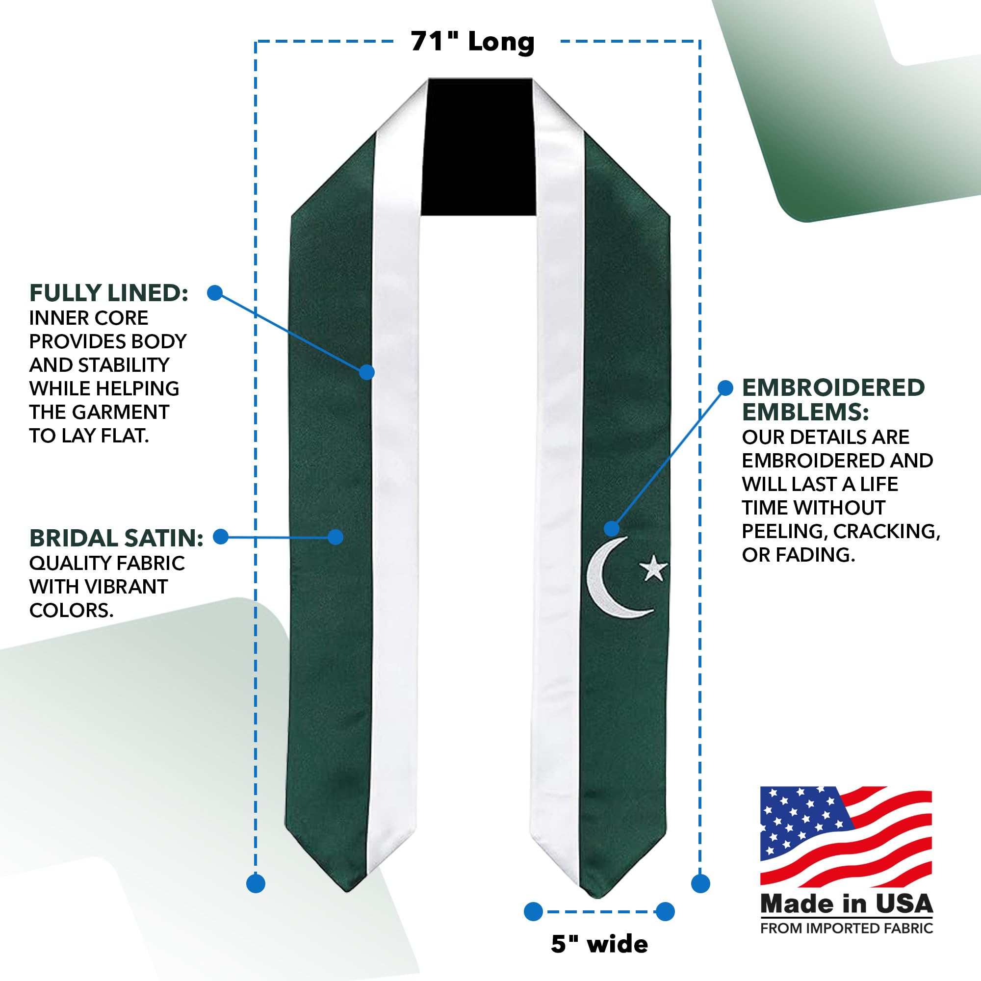 Vision Wear - Pakistan Flag Graduation Sash - Graduation Stole - International Flag theme - Embrace Your Heritage - Pakistani Flag - Pride & Honor Sash